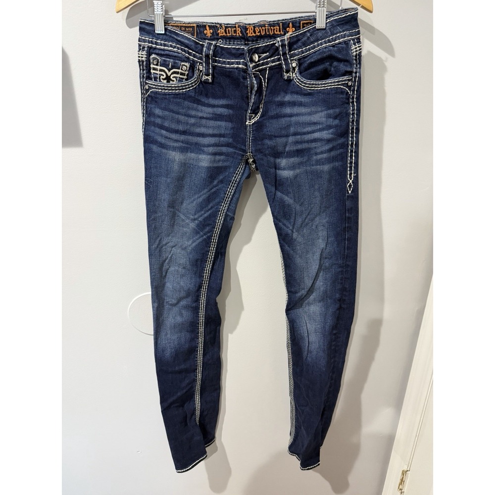 Rock Revival Kai Straight Jeans Dark Blue Denim Embroidered Flap Pockets Size 29